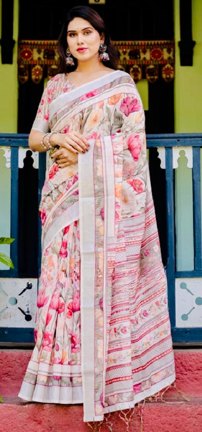 Woman wearing a floral saree with a traditional setting
