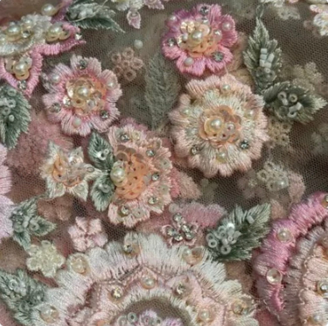 Close-up of embroidered flowers with pearls on a fabric background