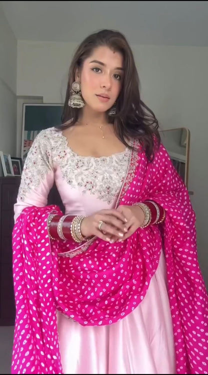 Pink Natural Crepe Silk Embroidered Gown Set with Dupatta
