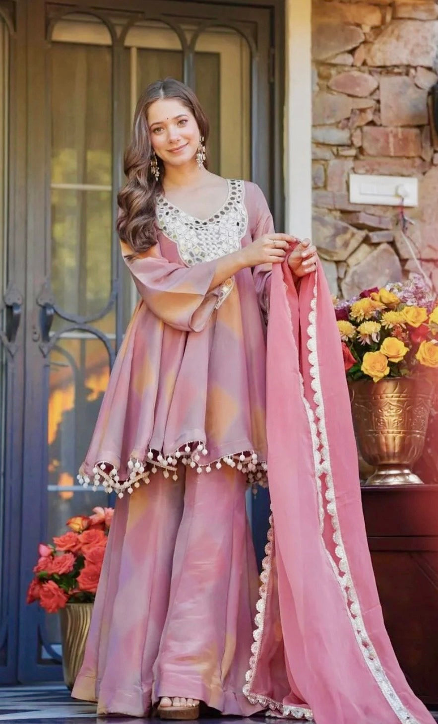 Designer Heavy Cosmos Silk Plazoo Top Set with Mirror Work & Dupatta