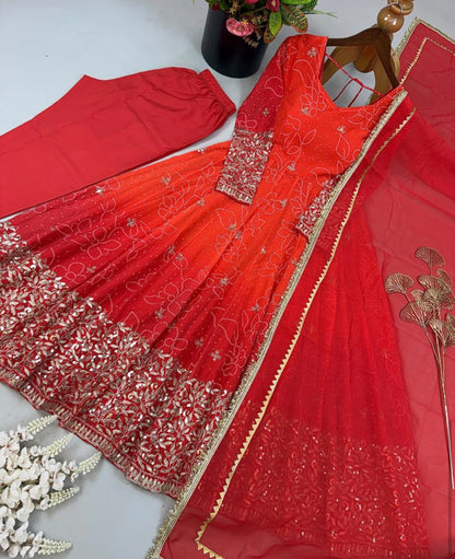 Designer Faux Georgette Embroidered Anarkali Suit Set