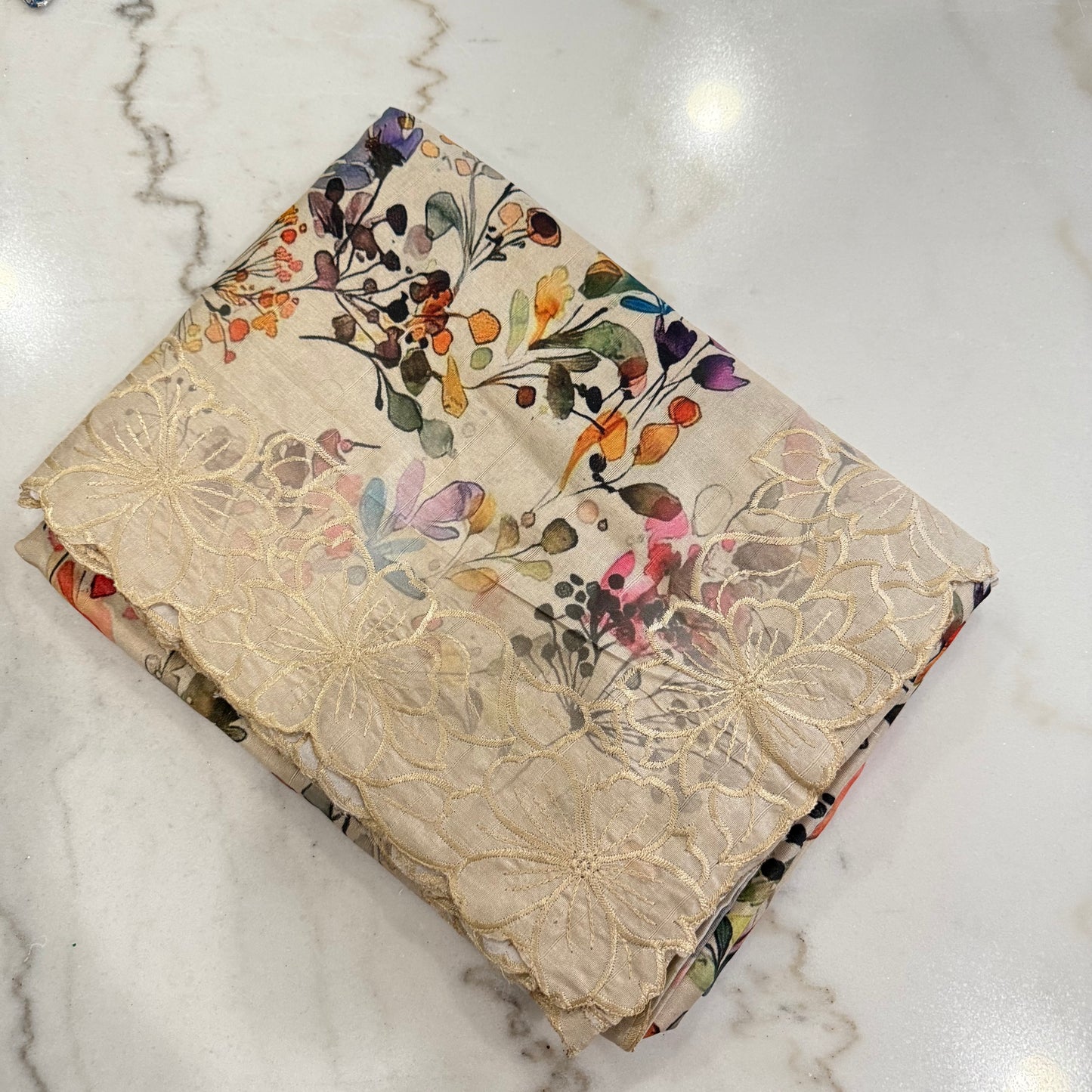 Floral Tussar Silk Saree with Cutwork Embroidered Border