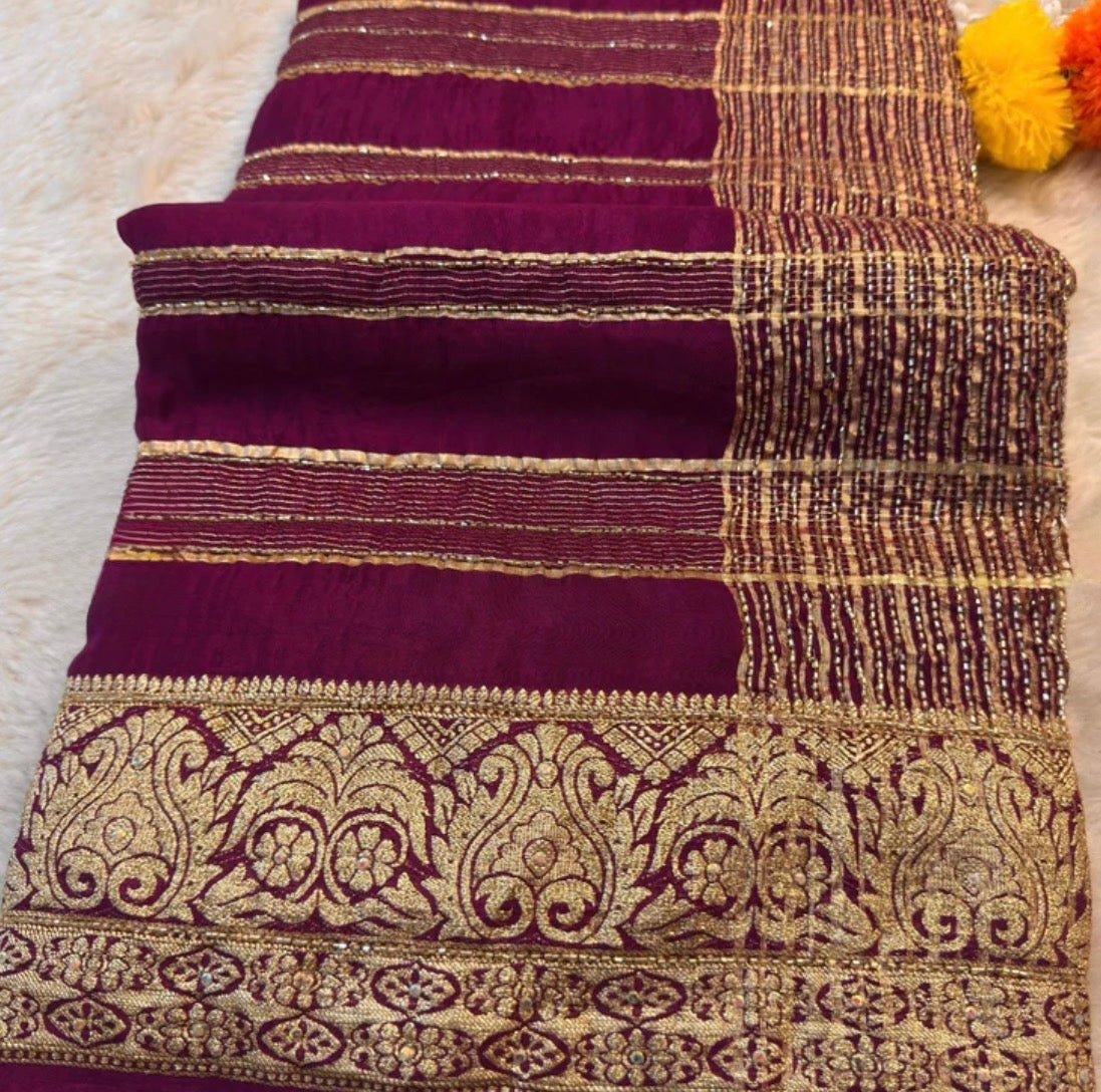 HO Silk Saree with Golden Zari Border & Sequin Work
