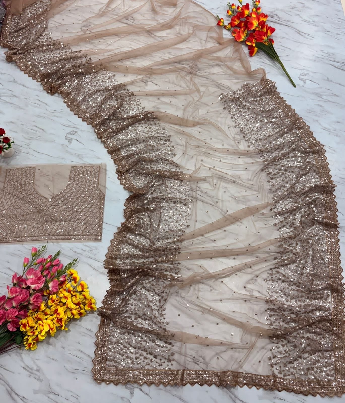 Premium Butterfly Net Embroidered Sequins Saree with Silk Inner & Designer Blouse