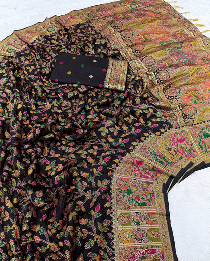 Pure Rajwadi Pashmina Silk Weaving Saree - Hand Dyed Kashmiri Pallu