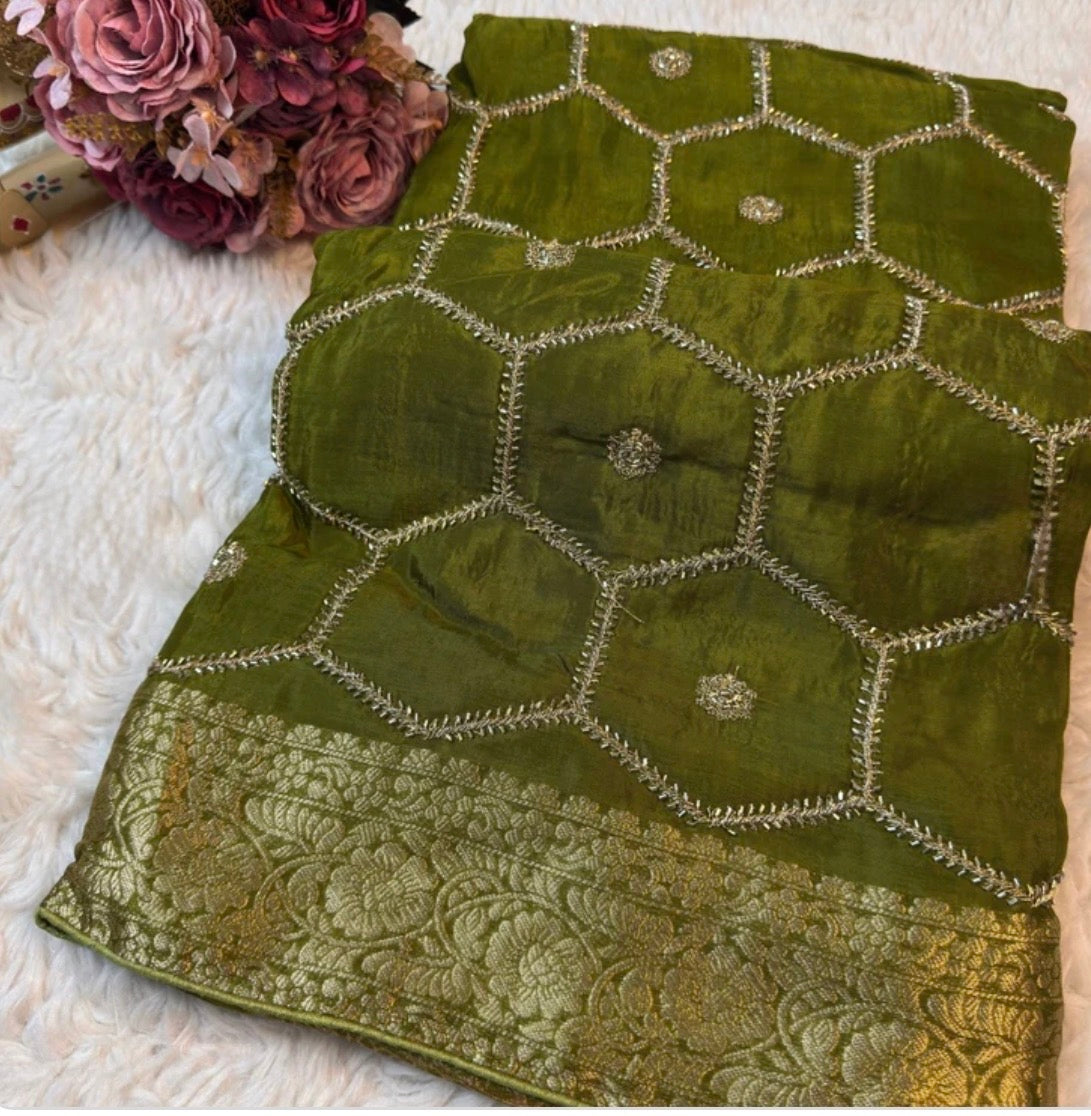Honeycomb Handwork Soft Silk Blend Saree with Zari Border