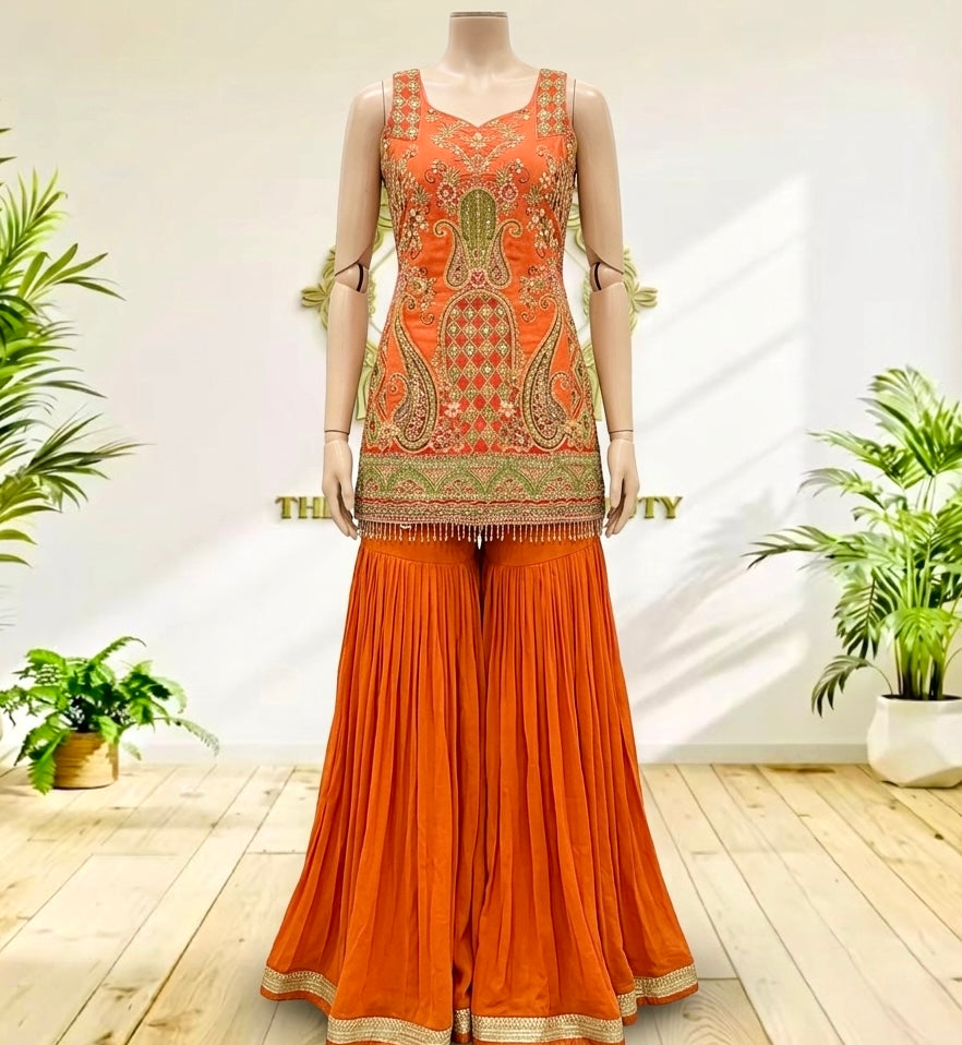 Royal Orange Silk Embroidered Sharara Suit Set with Paisley Border