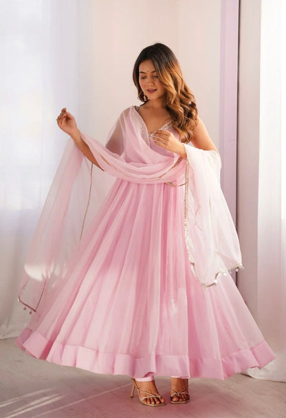 Blush Pink Faux Georgette Mirror Work Gown Set with Dupatta