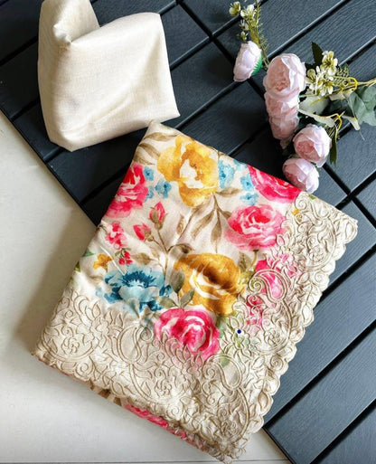 Floral Tussar Silk Saree with Cutwork Embroidered Border
