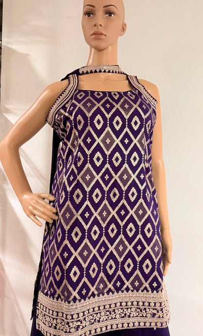 Zari Work Purple Kurti with Palazzos | Elegant Cotton Silk Festive Wear Set”