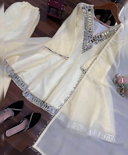 Cosmos Gold Zari Silk Sharara Set with Mirror Work Dupatta