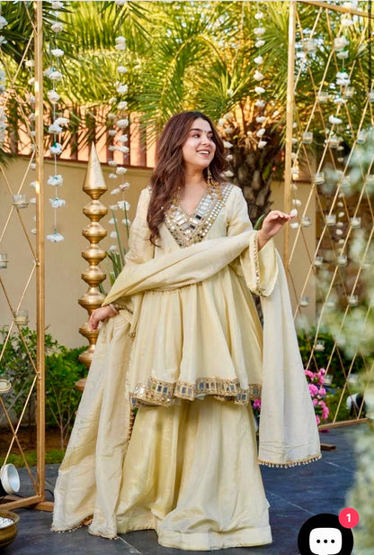 Cosmos Gold Zari Silk Sharara Set with Mirror Work Dupatta