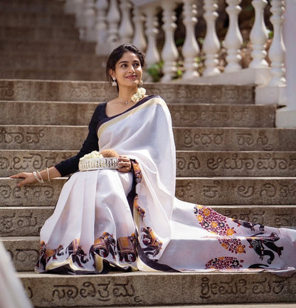 Linen Cotton Digital Printed Saree with Satin Banglory Blouse