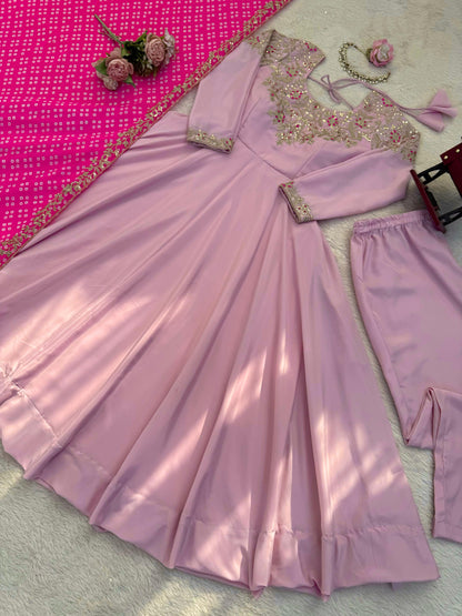 Pink Natural Crepe Silk Embroidered Gown Set with Dupatta