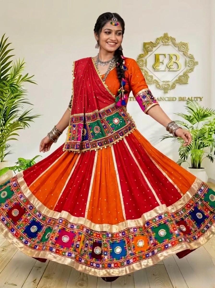 Premium Mal Chanderi Navratri Chaniya Choli - Mukesh Work & 9M Flair Lehenga