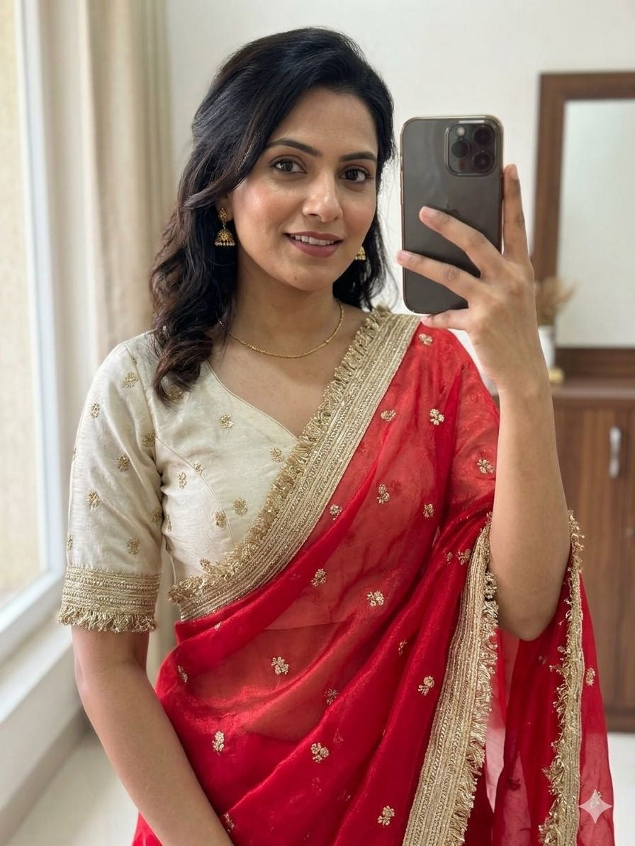 Space Satin Sequence Embroidery Saree with Contrast Blouse
