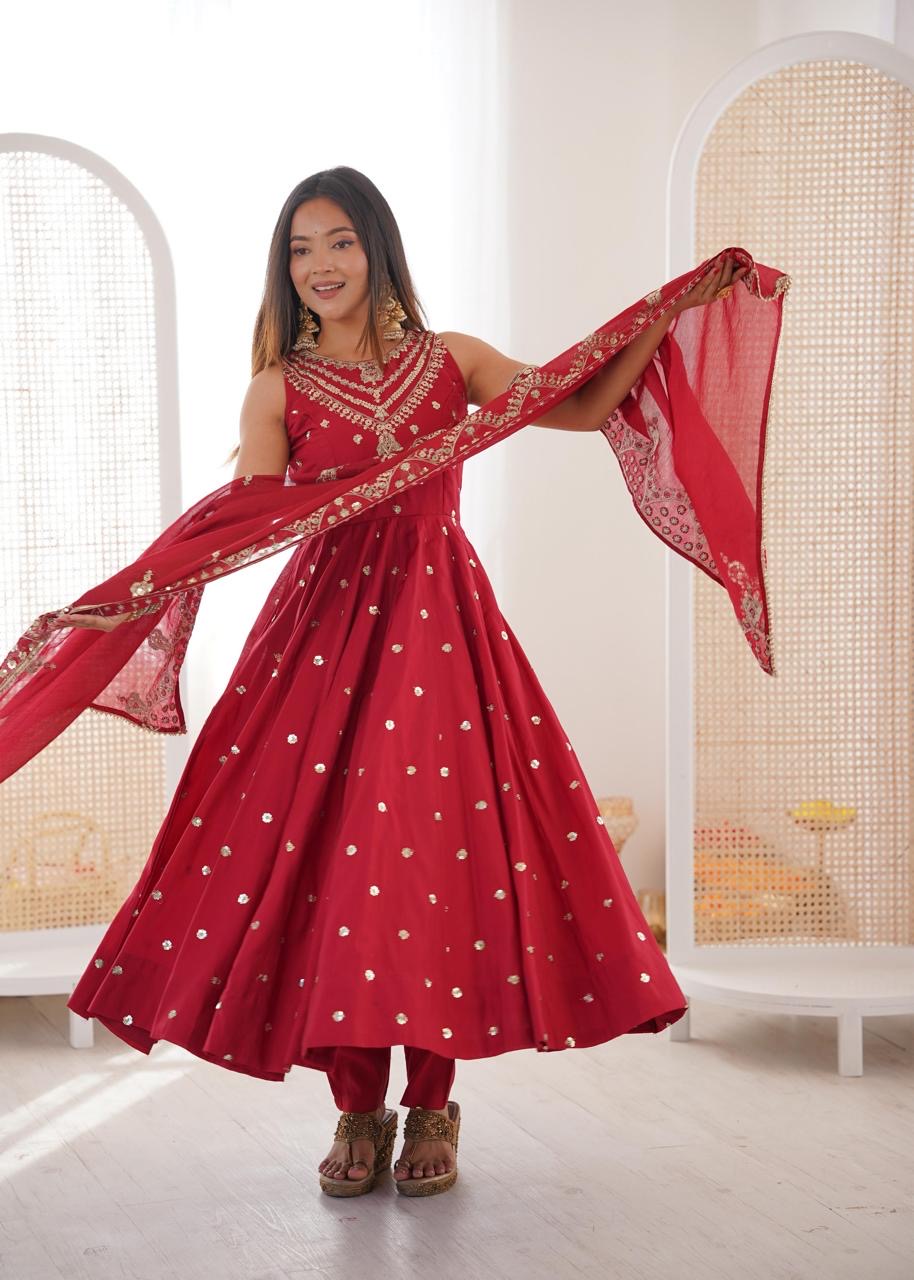Premium Roman Silk Anarkali Gown Set with Chanderi Dupatta (Restock)