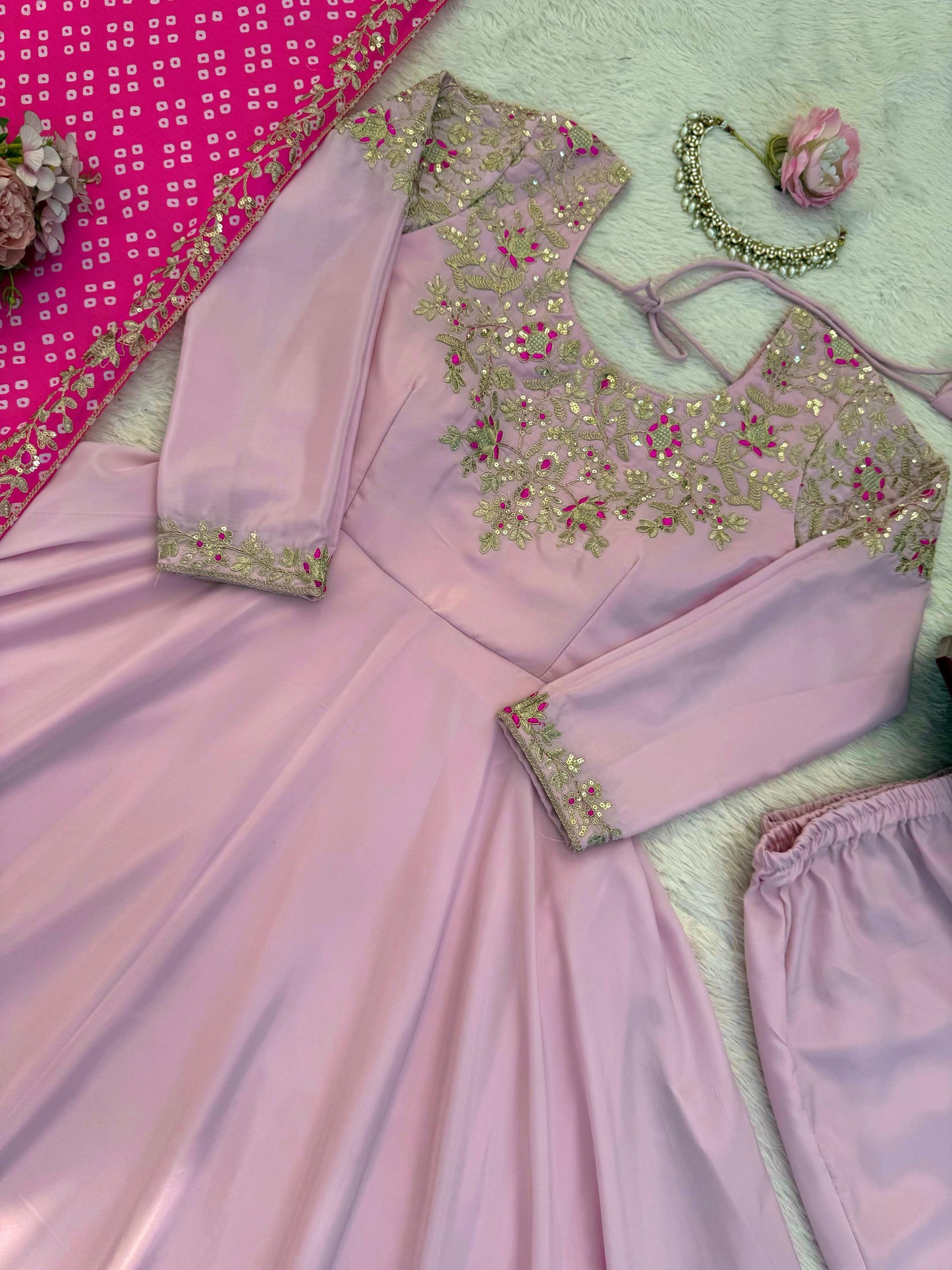 Pink Natural Crepe Silk Embroidered Gown Set with Dupatta