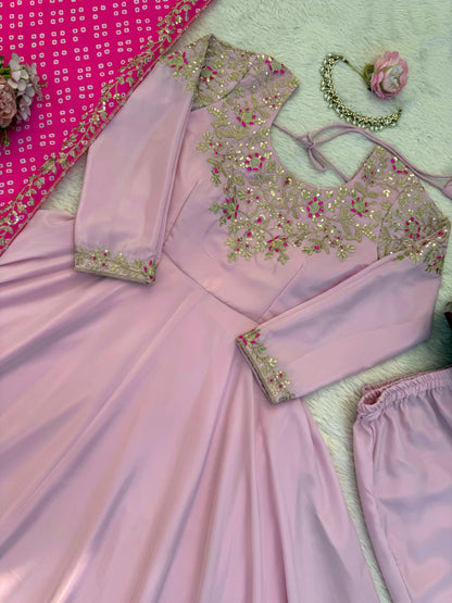 Pink Natural Crepe Silk Embroidered Gown Set with Dupatta