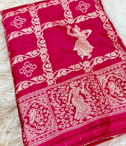 Pink fabric with white intricate patterns on a white background