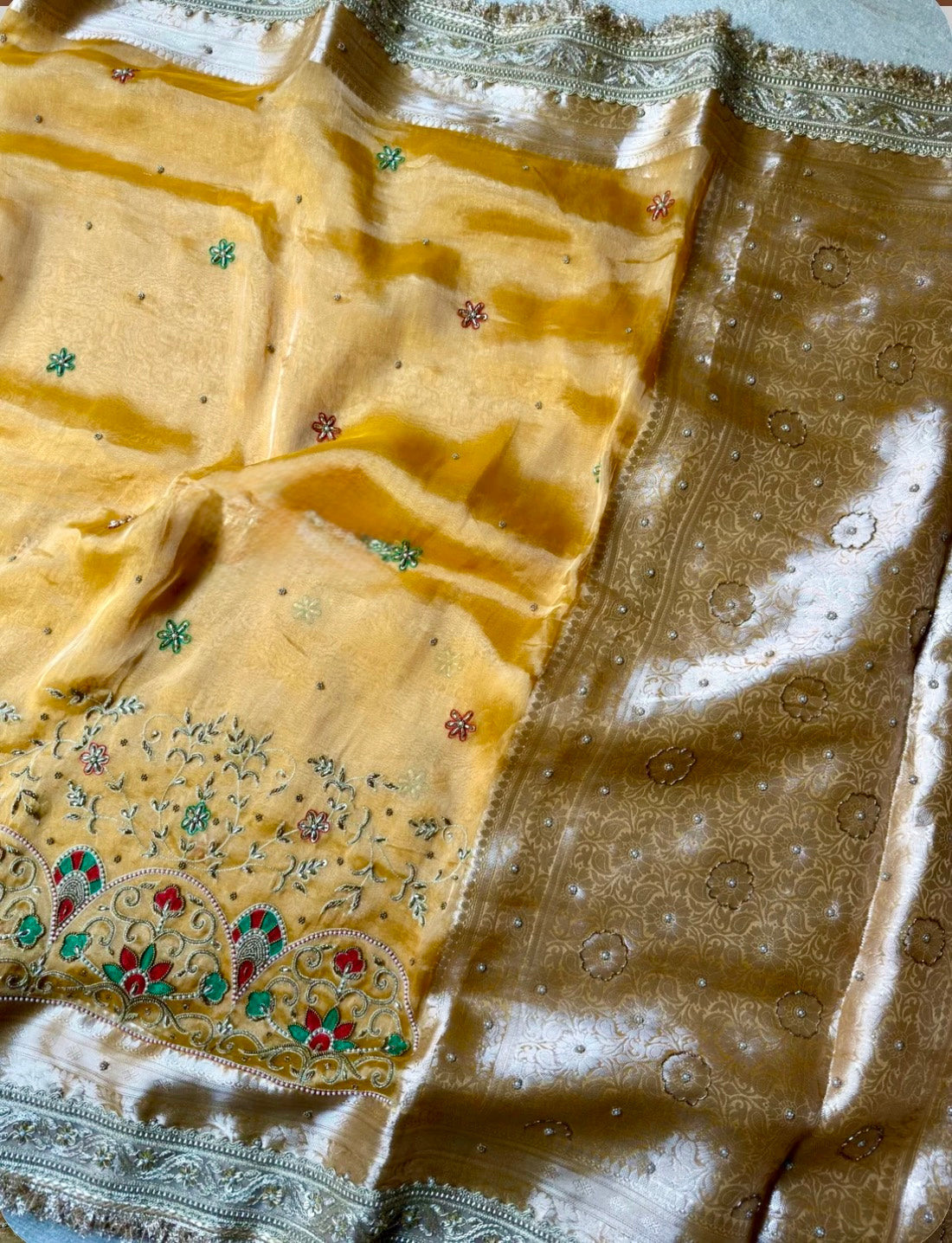 Pure Tissue Silk Meenakari Banarasi Saree in Mustard | Luxury Festive Wear