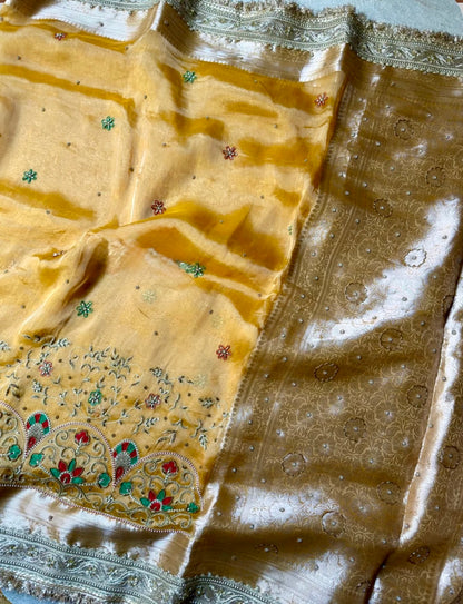 Pure Tissue Silk Meenakari Banarasi Saree in Mustard | Luxury Festive Wear