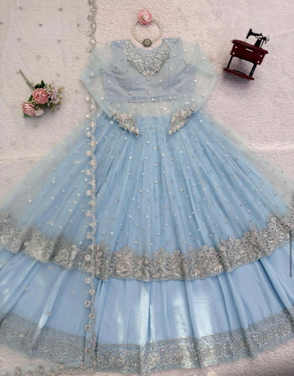 Faux Georgette Gown Lehenga Set with Sequins Work & Net Dupatta