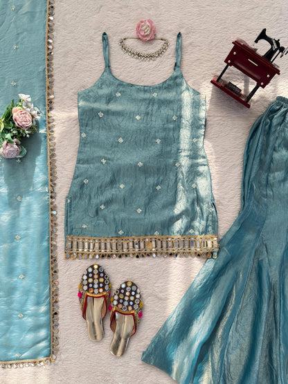 3-Piece Fendy Silk Plazo Set with Mirror Work