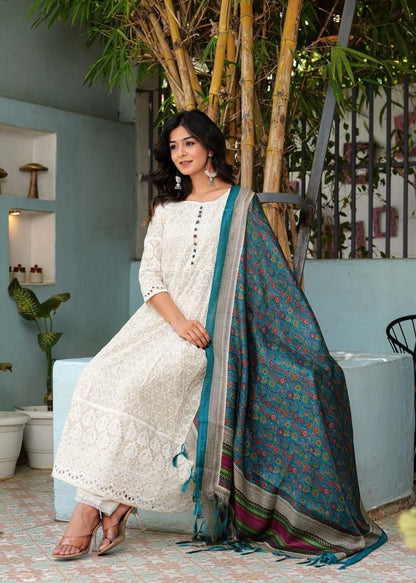 Pure Chikankari Cotton Anarkali Kurti Set with Pants & Chanderi Dupatta – Summer Ethnic Wear