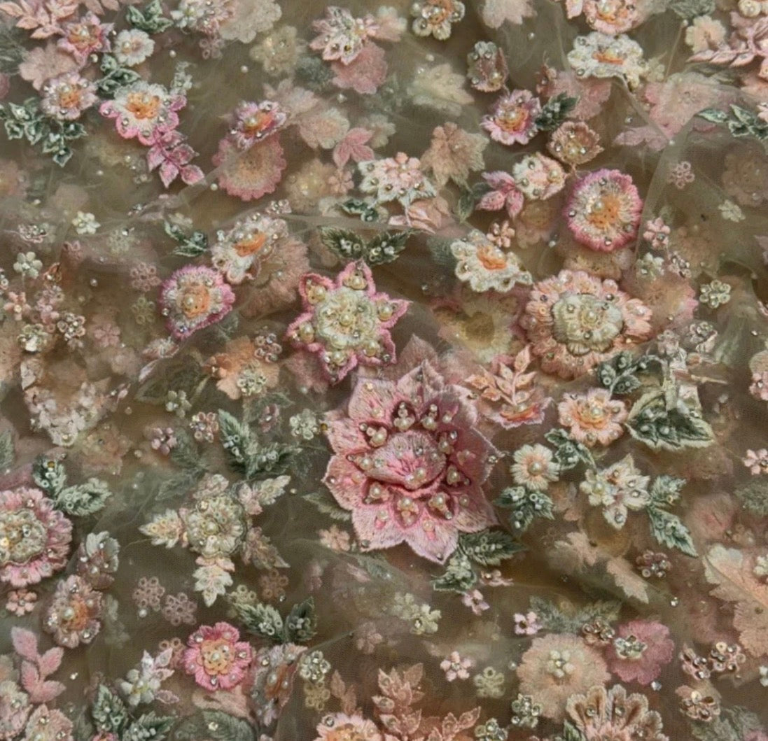Close-up of floral fabric with pink and green flowers on a brown background