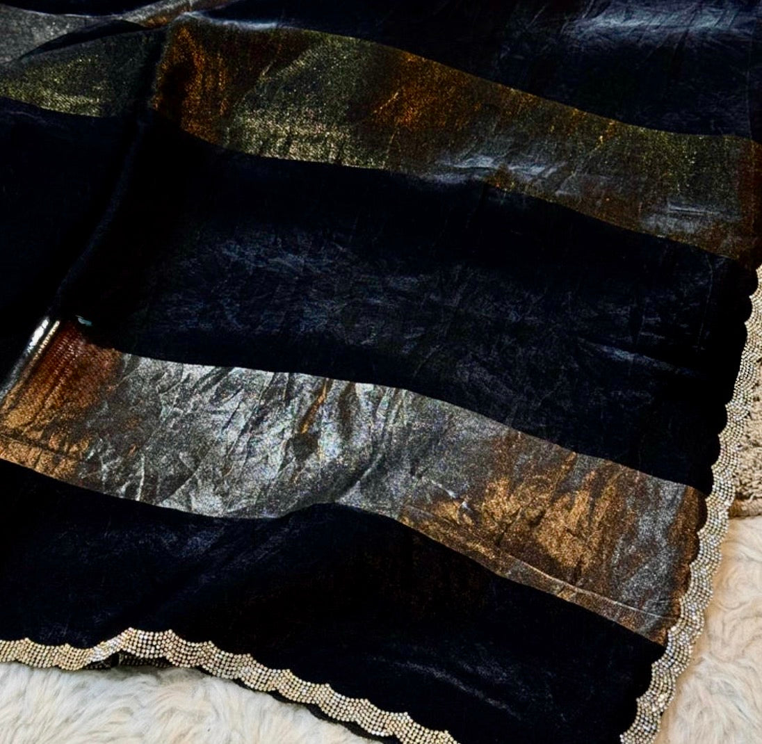 Elegant Metallic Stripe Party Wear Saree with Scalloped Diamond Border