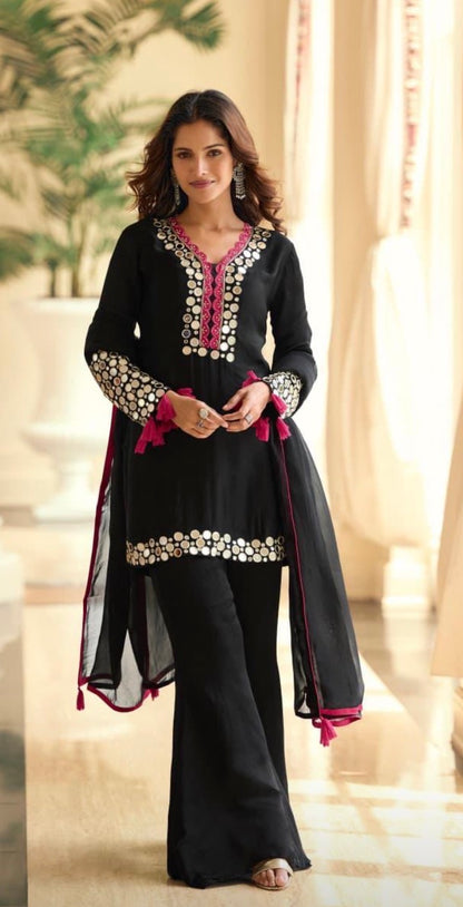 Mirror Work Simar Silk Suit Set with Embroidered Dupatta