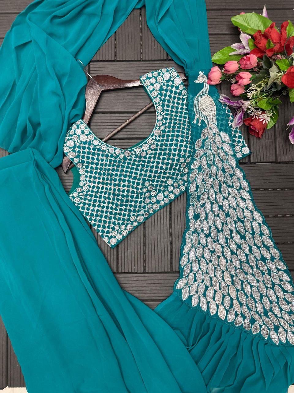 Peacock Embroidered Ready To Wear Saree