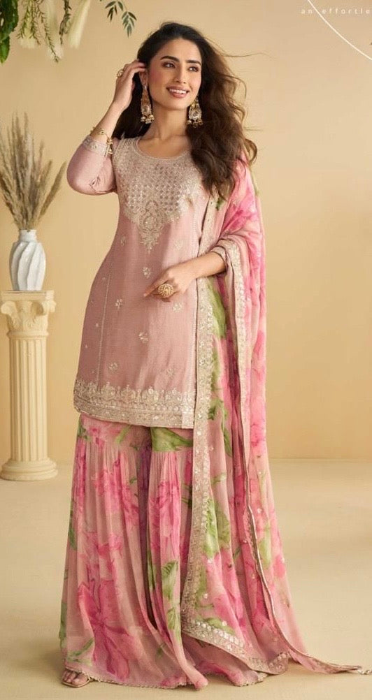Premium Chinon Silk Embroidered Palazzo Suit Set with Dupatta – Free Size Stitched