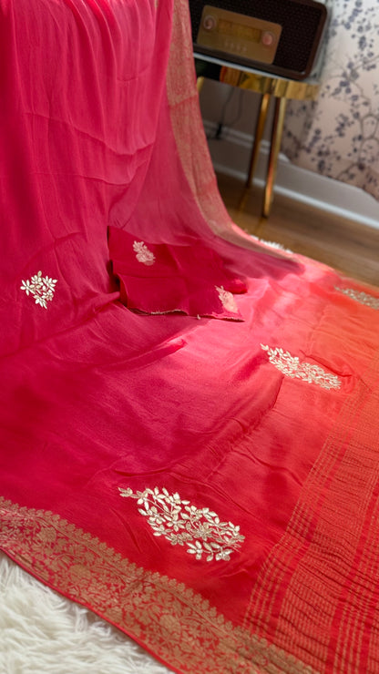 Limited Edition Pink-Orange Ombre Georgette Saree with Gota Patti Work