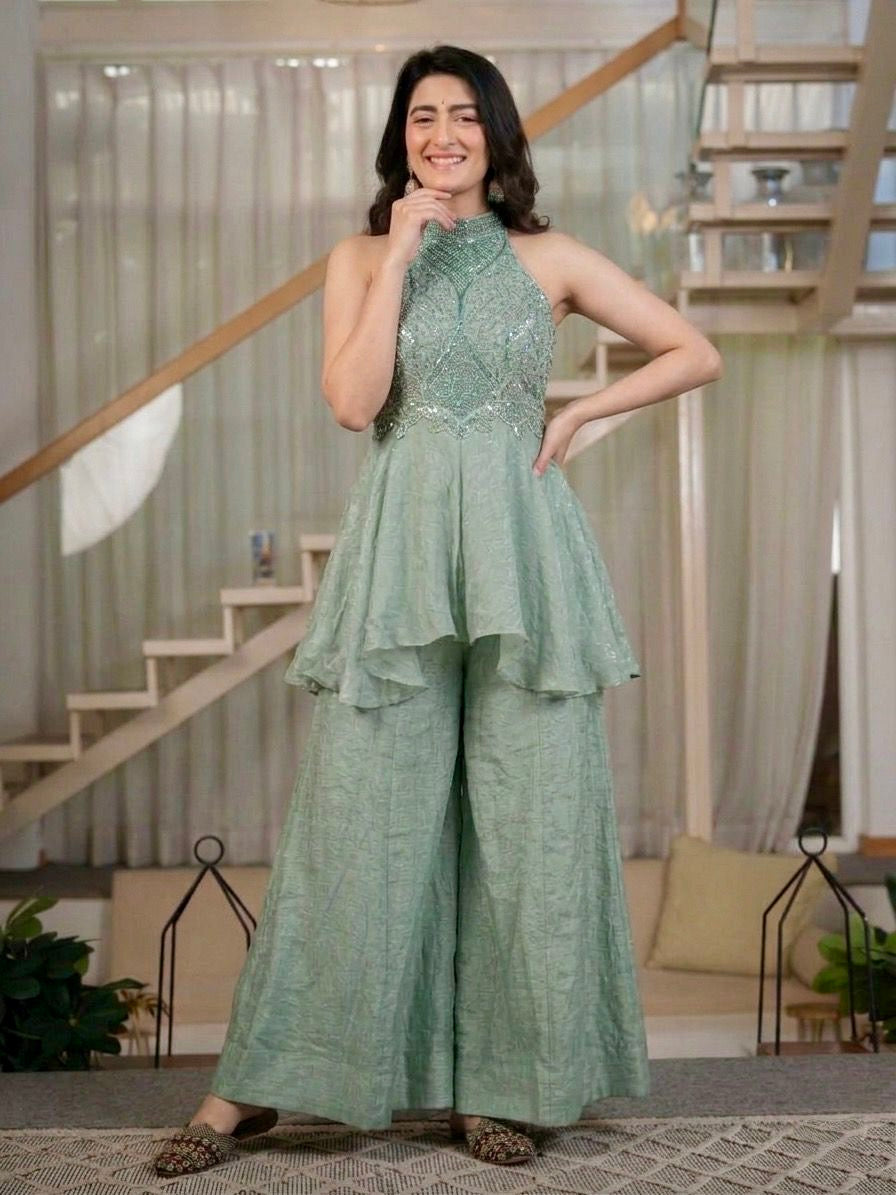 Mint Green Shimmer Georgette Indo-Western Co-ord Set