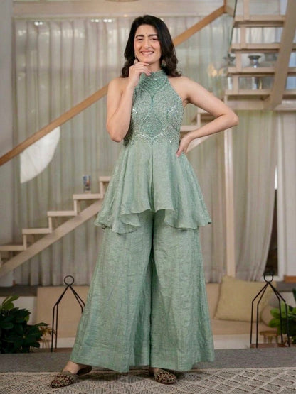 Mint Green Shimmer Georgette Indo-Western Co-ord Set