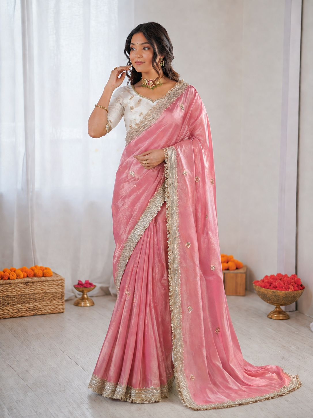 Woman wearing a pink saree with a white blouse against a white curtain background