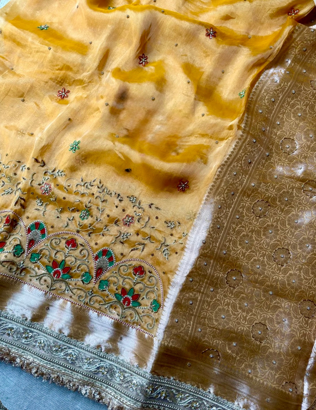 Pure Tissue Silk Meenakari Banarasi Saree in Mustard | Luxury Festive Wear