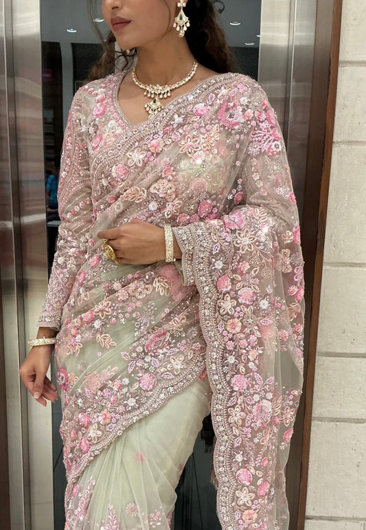 Premium 3D Floral Embroidered Net Saree with Ready-Made Designer Blouse
