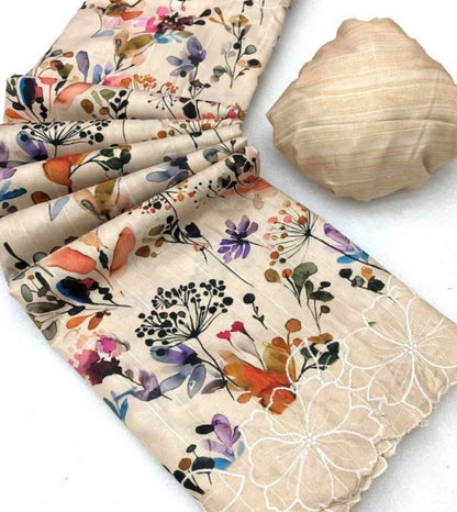 Floral Tussar Silk Saree with Cutwork Embroidered Border