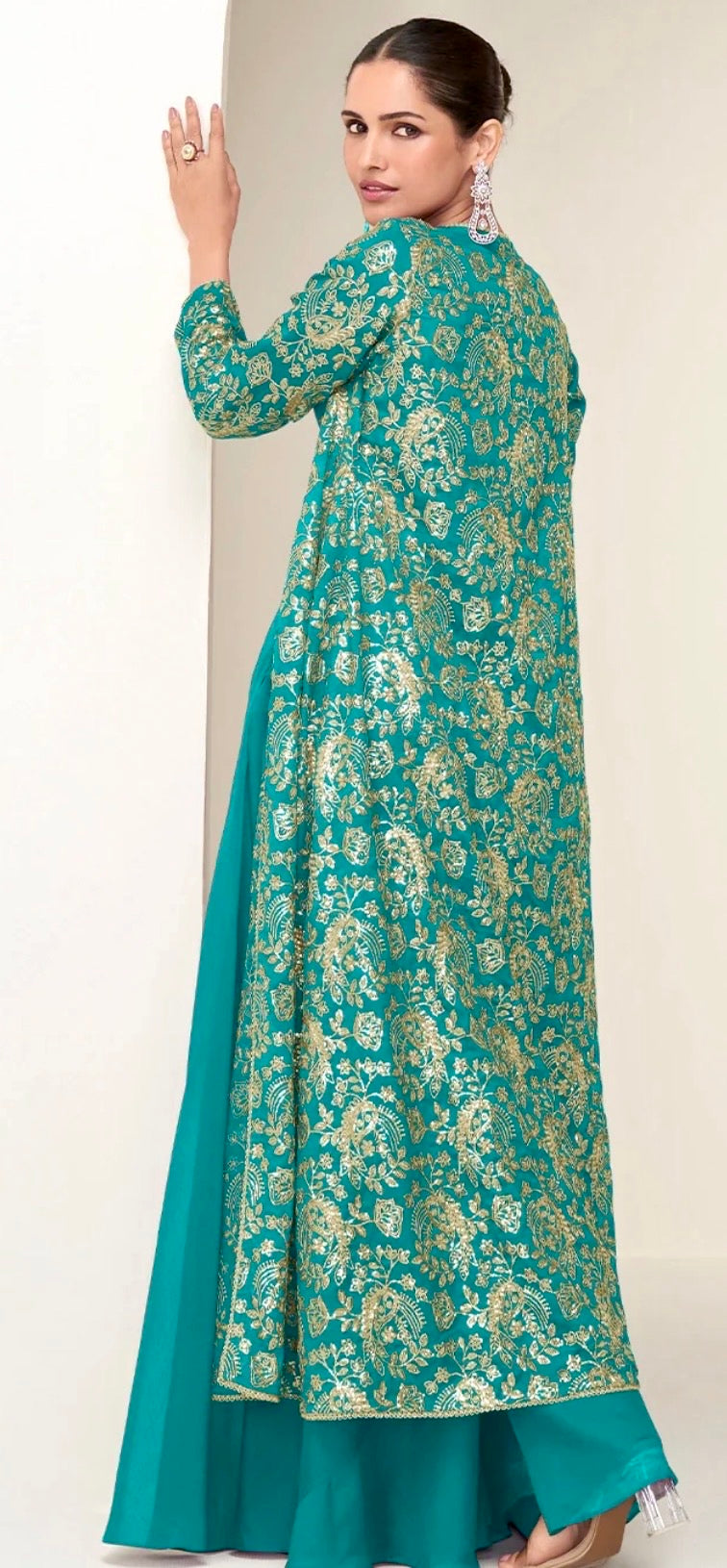 Chinon Silk Embroidered Long Jacket With Palazzo Set