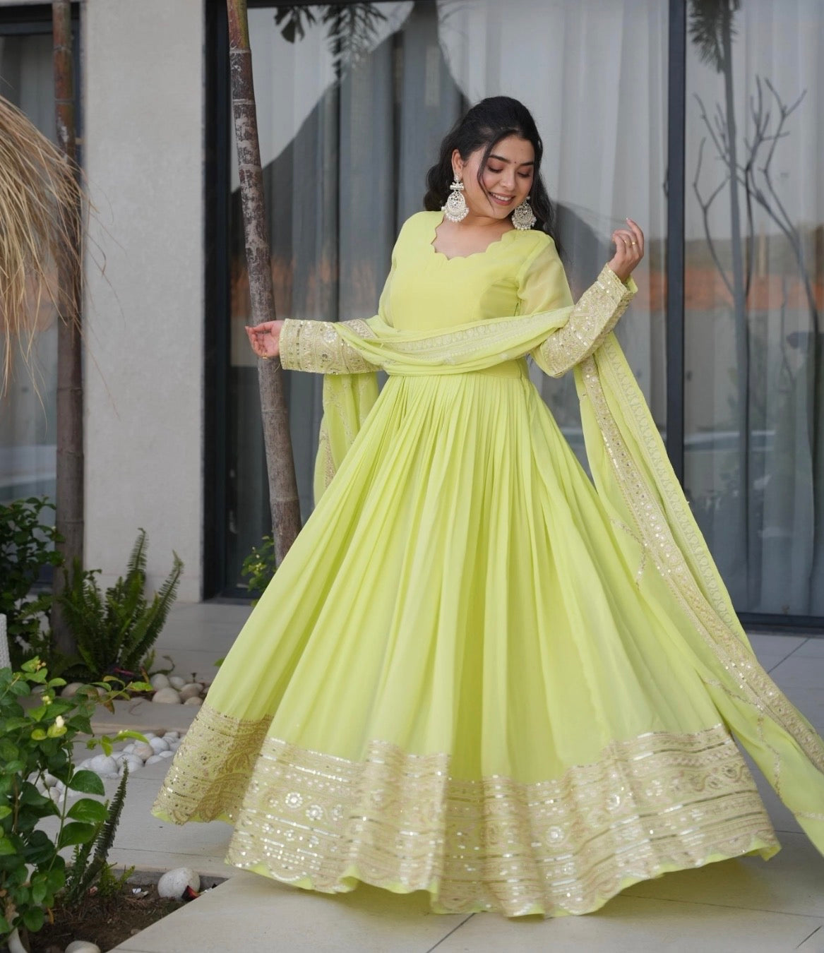 Designer Lime Green Embroidered Anarkali Gown with Dupatta