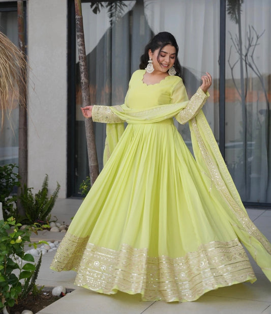 Designer Lime Green Embroidered Anarkali Gown with Dupatta