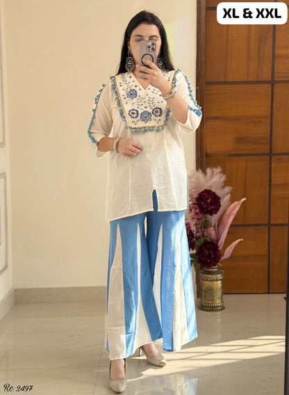 Natural Flax Cotton Mirror Work Co-ord Set