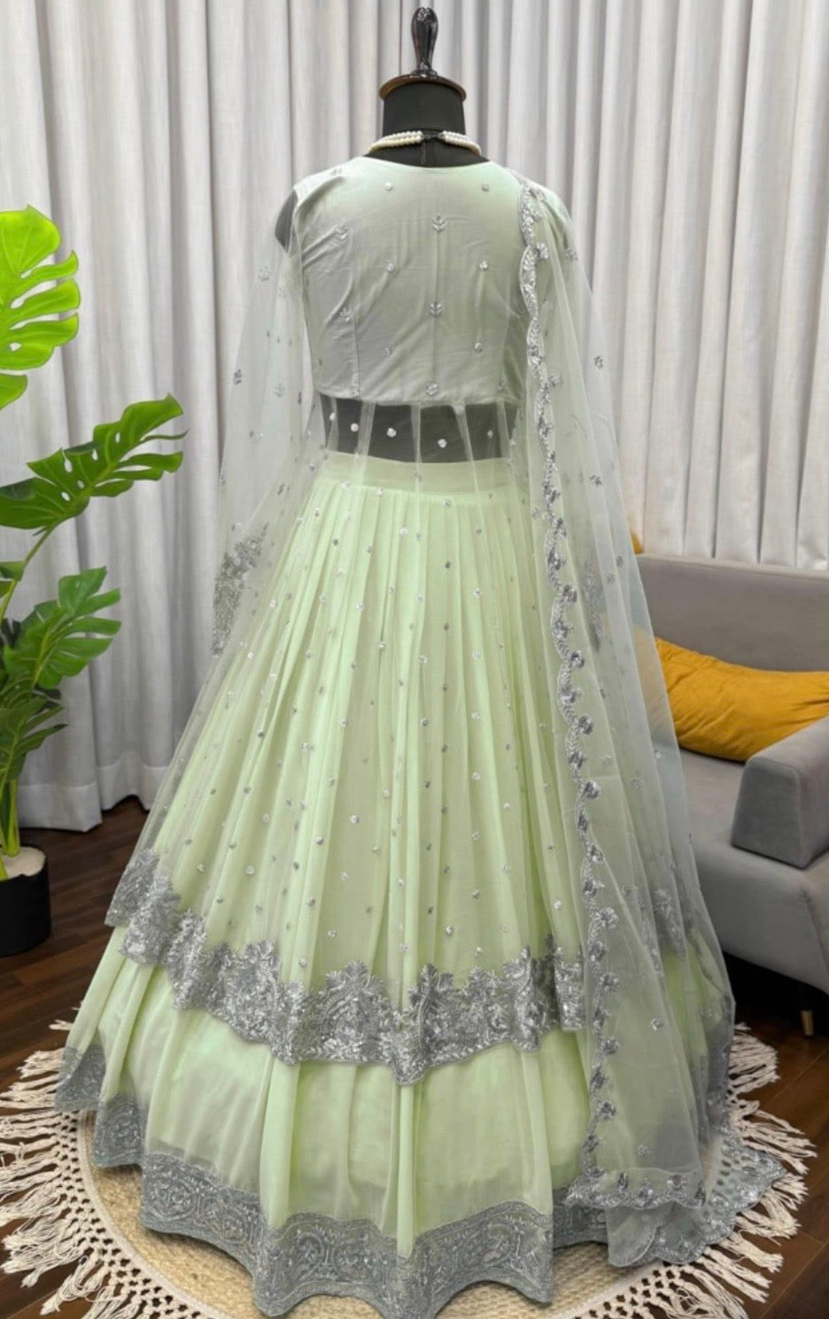 Faux Georgette Gown Lehenga Set with Sequins Work & Net Dupatta