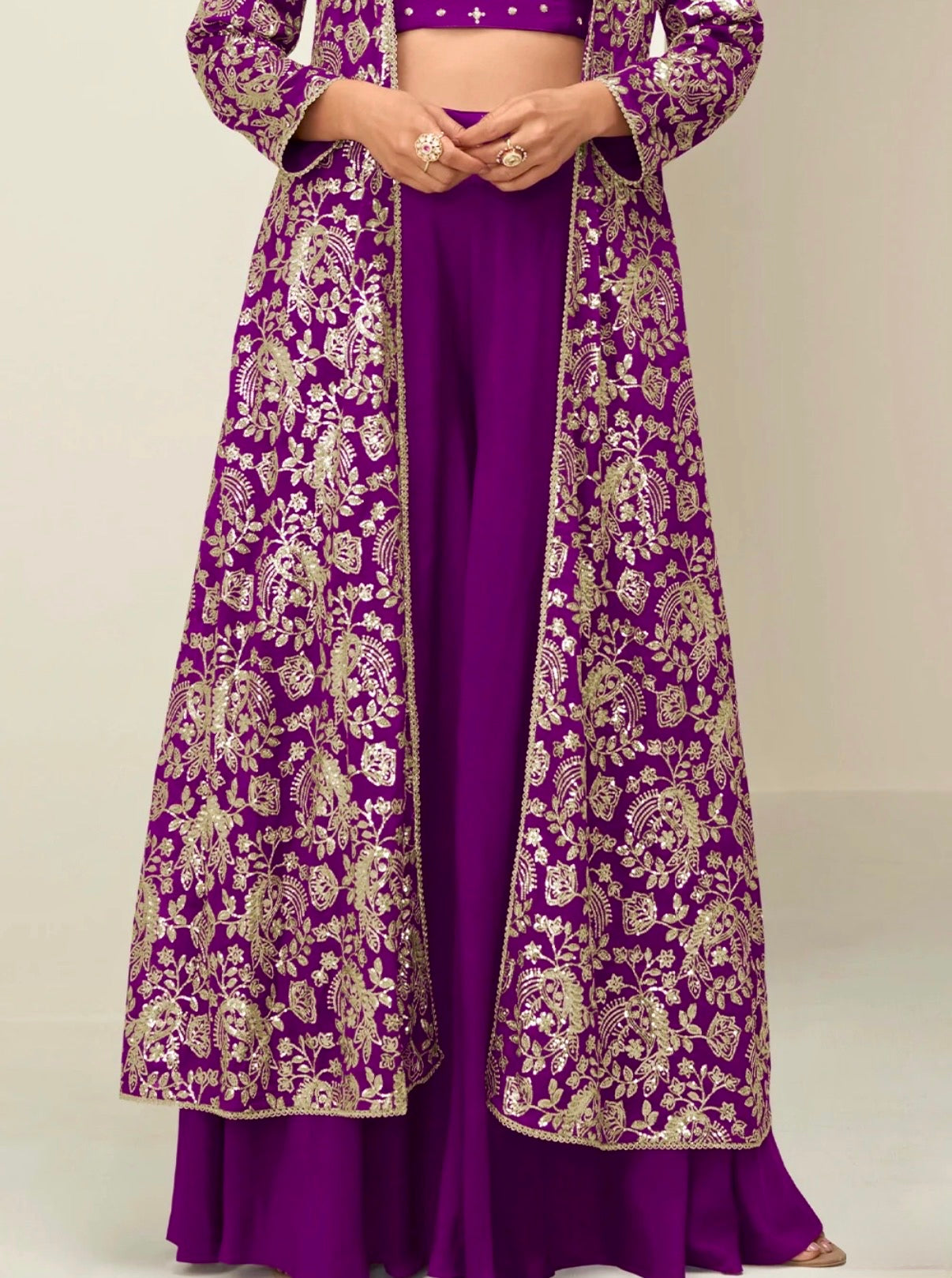 Chinon Silk Embroidered Long Jacket With Palazzo Set