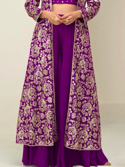 Chinon Silk Embroidered Long Jacket With Palazzo Set
