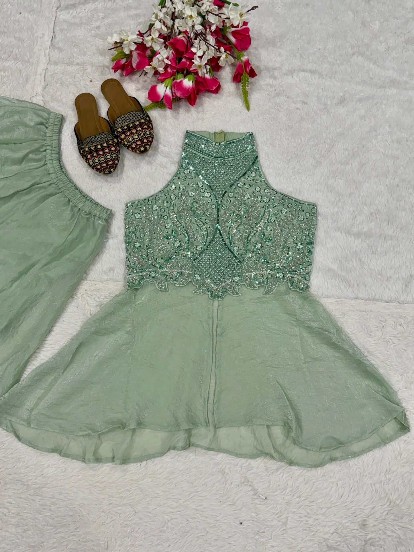 Mint Green Shimmer Georgette Indo-Western Co-ord Set