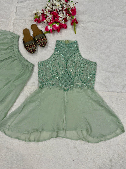 Mint Green Shimmer Georgette Indo-Western Co-ord Set